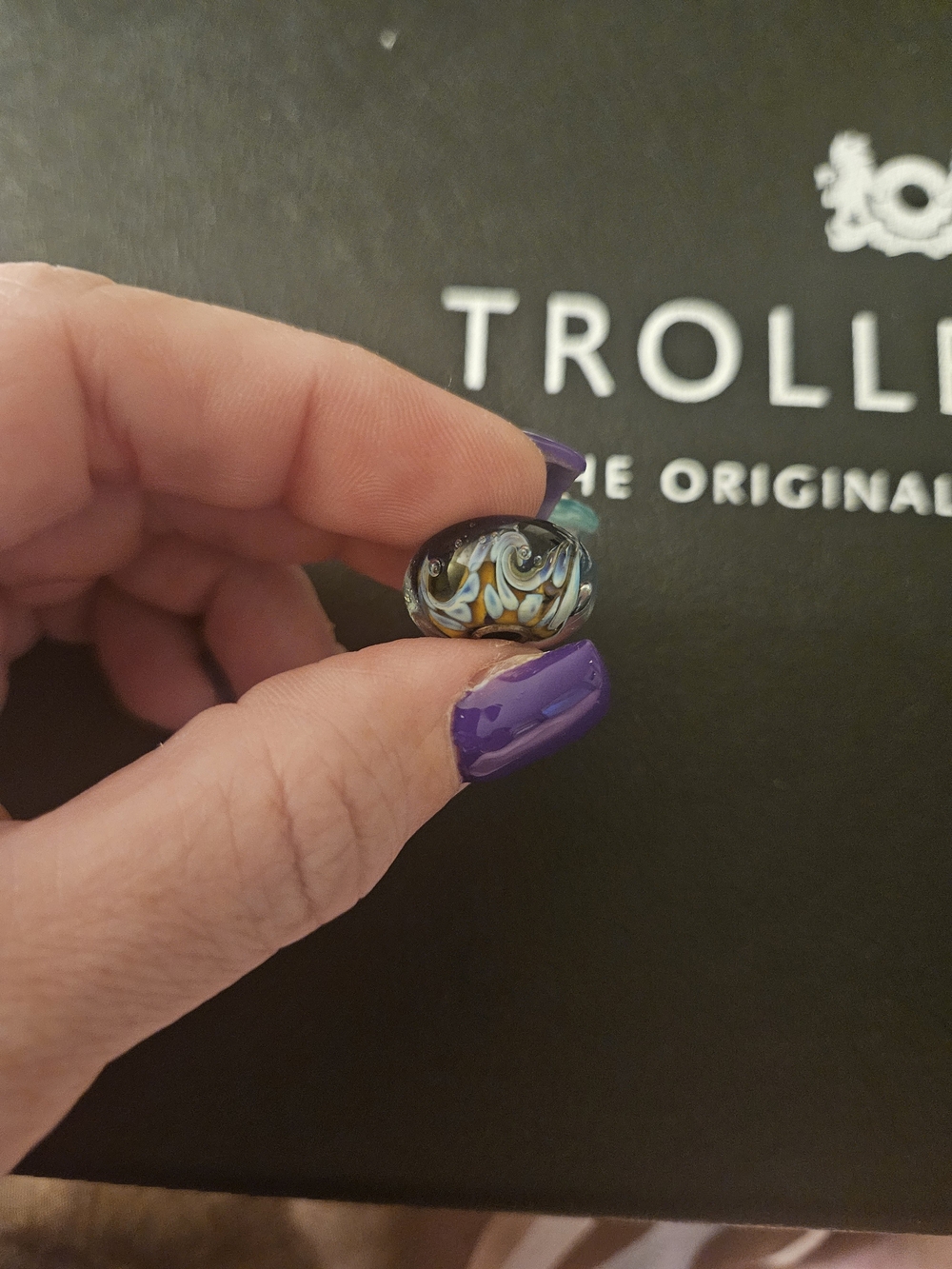 Trollbeads Glass Mosaic Bead in Blue, Gold & Black Unique JUMBO bead